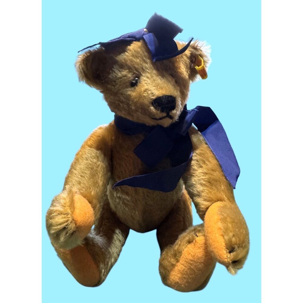 Vintage Steiff Teddy Bear With Blue Bow & Tag